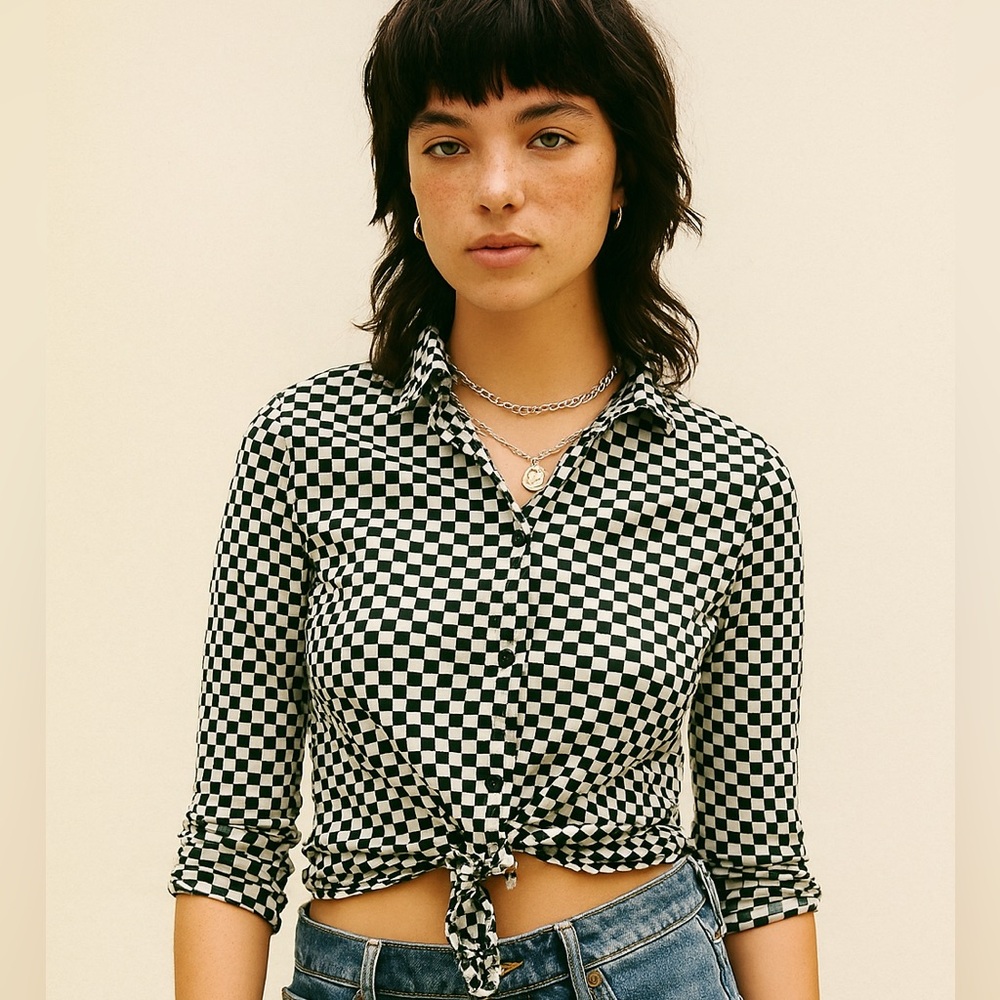 Black and white checkered tie up blouse